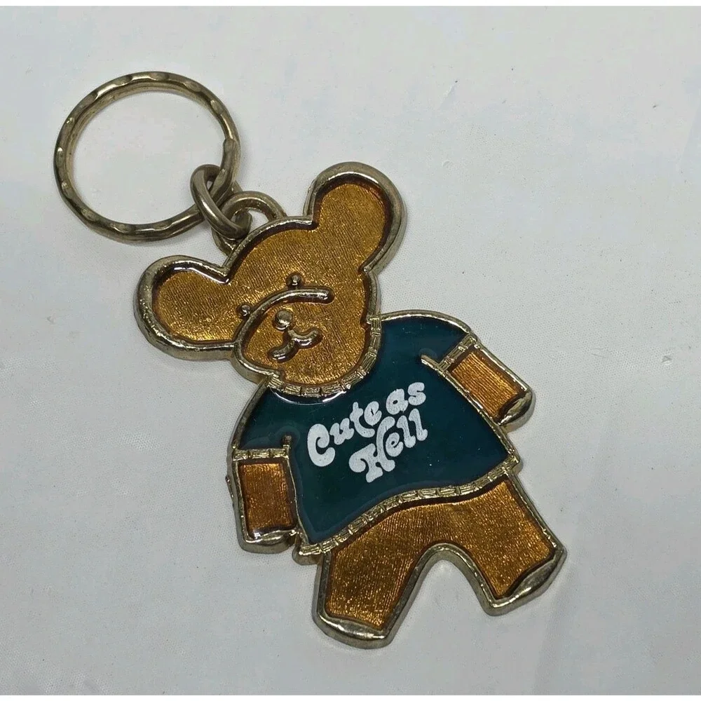 Vintage 80s Cute As Hell Teddy Bear Metal Keychain Key Ring Gold Green